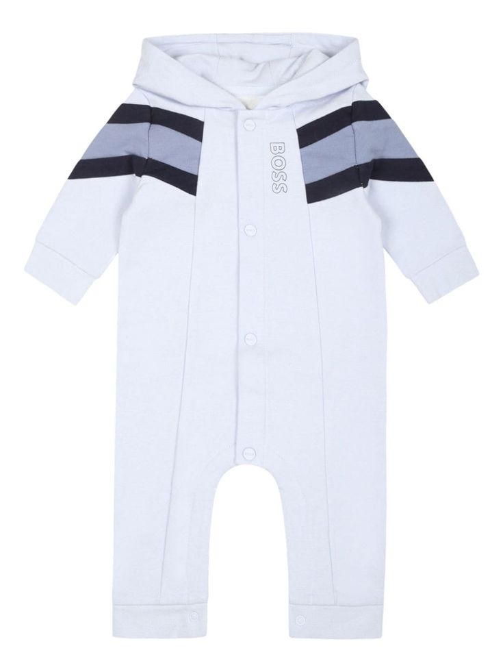 celeste stretch-cotton jersey texture front press-stud fastening classic hood stripe detailing logo print at the chest long sleeves ribbed cuffs ribbed ankles Long Sleeve Ribbed Cotton Onesie, Casual Cotton Ribbed Onesie, White Cotton Hooded Onesie, Sporty Cotton Long Sleeve Onesie, Sporty Long Sleeve Cotton Onesie, Sporty Cotton Onesie For Loungewear, Blue Cotton Hooded Onesie, Dress With Jean Jacket, Detailing Logo