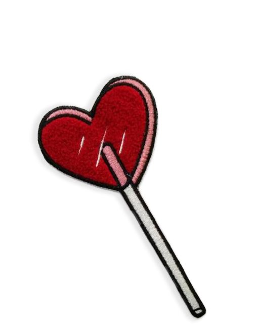 a red heart lolli patch on a white background