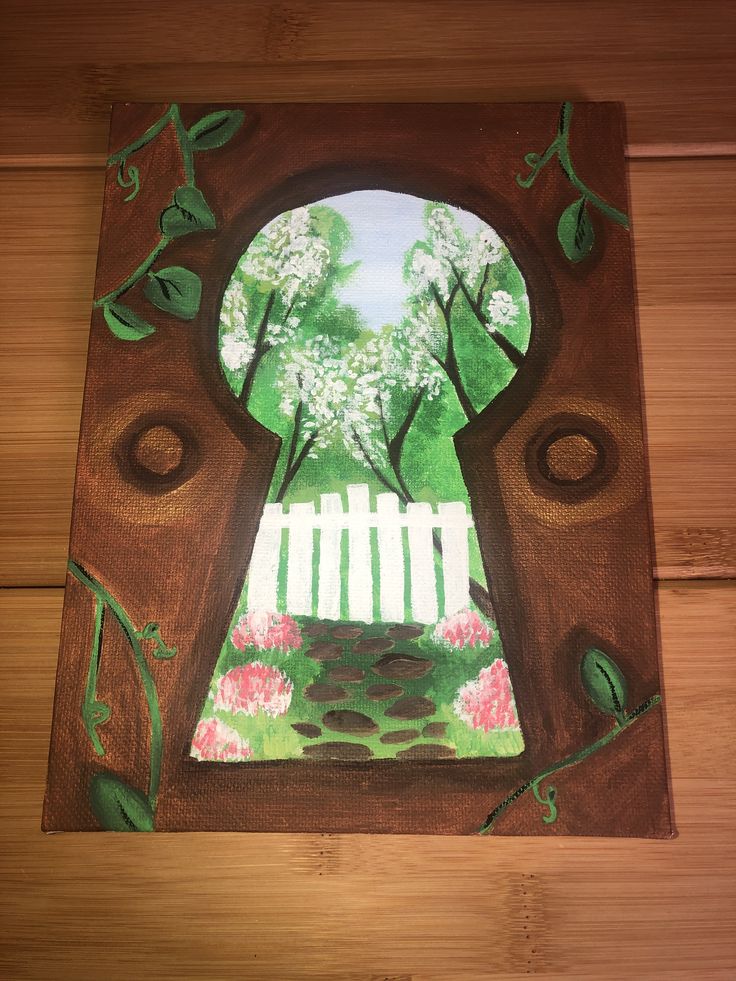 an image of a painting on wood with flowers and trees in the window sill