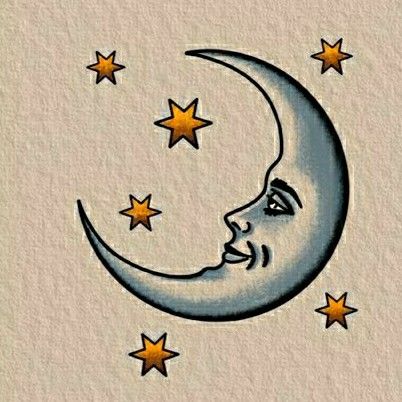 a drawing of a crescent moon with stars on the side and a man's face in the middle