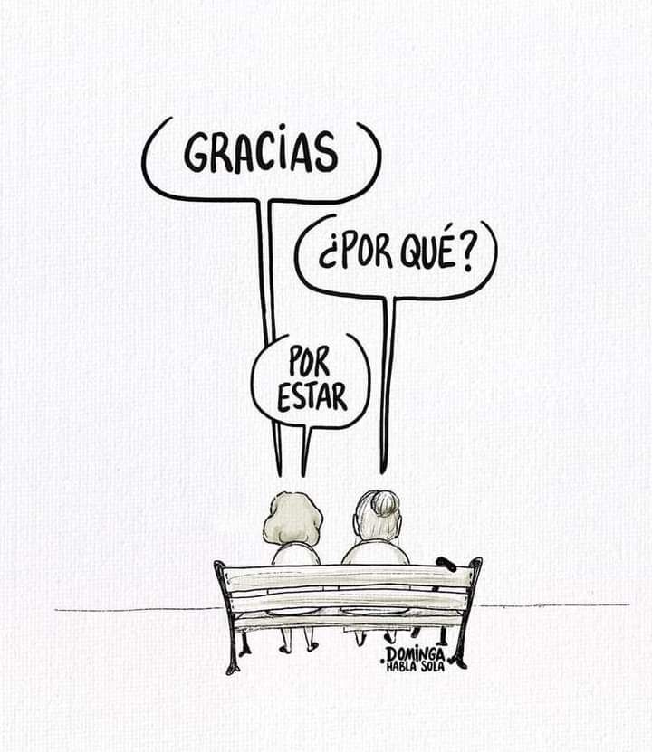 two people sitting on a bench with signs above them that say gracias, epor que? for estar