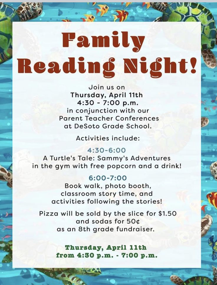 a flyer for a reading night with sea turtles and turtle heads on it's back