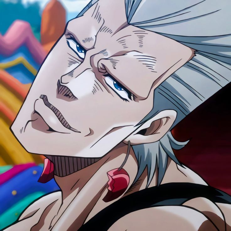 an anime character with white hair and blue eyes looking to the side in front of colorful background