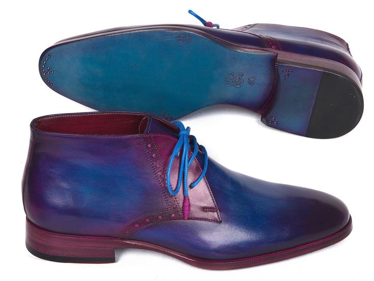 - Handmade Plain Toe Chukka Boots for Men - Blue & Purple hand-painted calfskin upper - Turquoise painted leather sole - Bordeaux leather lining and inner sole - Leather wrapped laces This is a made-to-order product. Please allow 21 days for the delivery. Because our shoes are hand-painted and couture-level creations, each shoe will have a unique hue and polish, and color may differ slightly from the picture. Mens Chukkas, Chukka Boots Men, Brown Oxfords, Purple Hands, Purple Shoes, Boots For Men, Painting Leather, Style Trends, Handmade Shoes