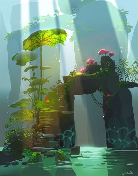 a digital painting of a forest with plants and mushrooms in the water, surrounded by rocks