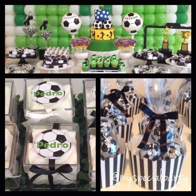 a collage of photos with soccer themed desserts and balloons in the shape of football balls