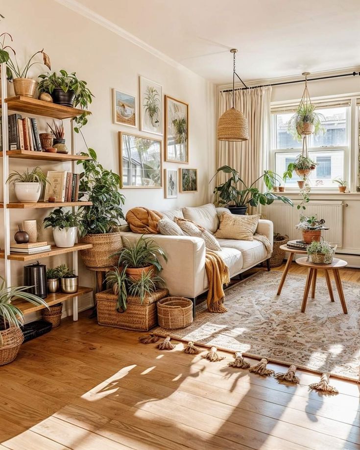 a living room filled with furniture and lots of potted plants on top of shelves