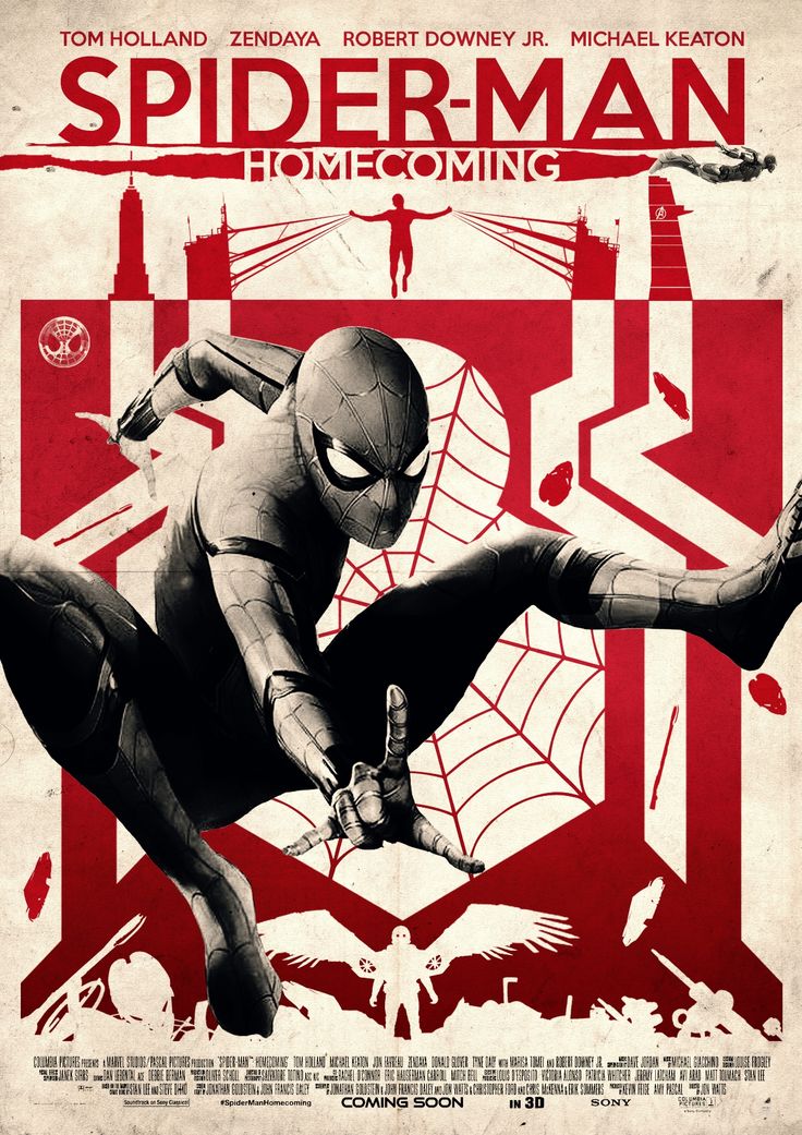 the poster for spider - man home coming is shown in red, white and black