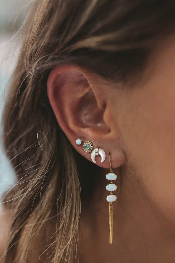 These edgy, beachy studs are the ultimate addition to your favorite earring line-up. Created from hand-carved mother of pearl these micro crescents are the perfect combination of bohemian elegance. Available in 3 metal options, each pair is designed to your specification. Ear Peircings, Beachy Earrings, Kate Davis, Ear Threader, Cute Ear Piercings, Stacked Earrings, Stacked Jewelry, Jewelry Inspo, Ear Jewelry