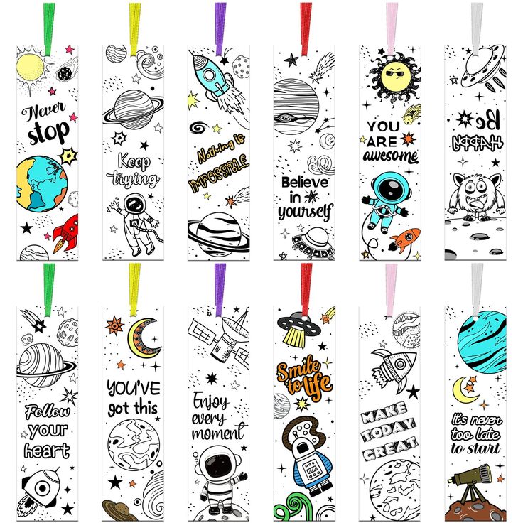 PRICES MAY VARY. DIY bookmarks: these inspirational bookmarks for kids are printed on both sides with inspirational sentences and 12 patterns in black and white, including moon, star, planet, astronaut and more; You can use your imagination to color them and create your own designs Place of use: these delicate motivational classroom gifts for students are suitable for home, office, school, library, for students, and reading enthusiasts, not only as bookmarks, but also as hang tags or gift tags, Bookmarks For Teachers, Classroom Gifts For Students, Inspirational Bookmarks, Student Bookmarks, Market Day Ideas, Bookmarks For Kids, Kids Notes, Wood Burn Designs, Coloring Bookmarks