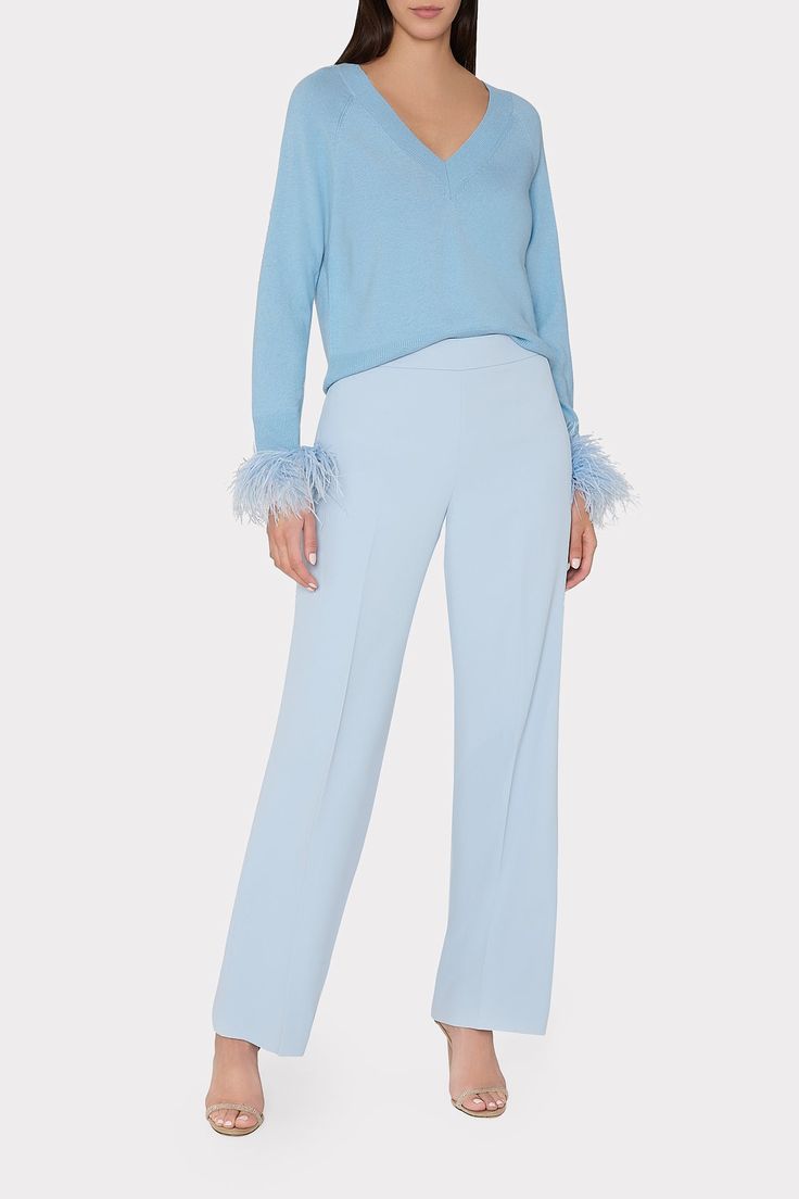 Cut from a textured crepe fabrication, this wide leg pant style has a mid rise and is designed for a loose, slouchy fit. Wear it to work or on special occasions. Elegant High-waisted Wide Leg Pants For Spring, Elegant Blue High-waisted Wide Leg Pants, Elegant High-waisted Blue Wide Leg Pants, Elegant Blue Wide-leg Dress Pants, Spring Evening Wide-leg Dress Pants, Elegant Wide Leg Trousers For Spring, Blue Wide Leg Bottoms For Formal Occasions, Elegant Blue Wide Leg Pants, Elegant Blue Wide-leg Pants