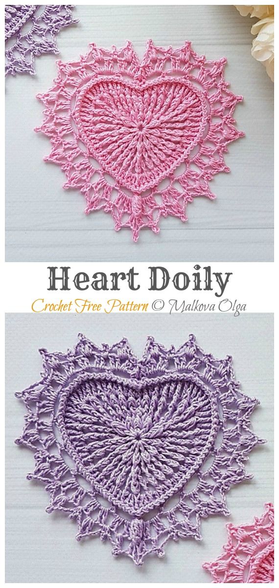 crochet heart doily is shown in three different colors