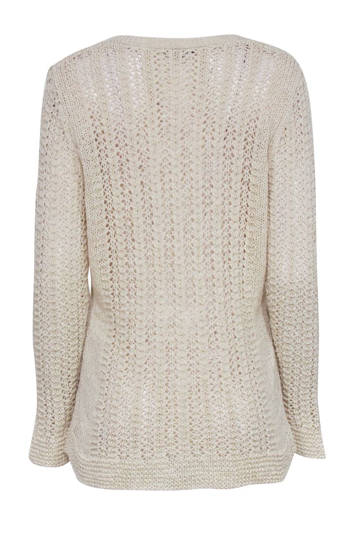 Welcome those breezy summer nights in style with a cozy-chic cardigan from Lafayette 148. This charming crochet number features a flattering v-neck and versatile cream hue, perfect for adding a lovely layer to any look. Throw it on over a bikini and you're ready for an evening stroll on the beach! 66% Cotton, 34% Polyamide Front button V-neck Bust 38" Waist 33" Shoulder to hem 29" Sleeve length 28.5" Fall V-neck Crochet Top, Fall Crochet V-neck Top, Chic Cream V-neck Crochet Top, Elegant Beige V-neck Crochet Top, Beige Knit V-neck Cardigan, Chic V-neck Crochet Top For Fall, Elegant Cream V-neck Sweater For Spring, Winter V-neck Crochet Top, Chic V-neck Textured Knit Cardigan