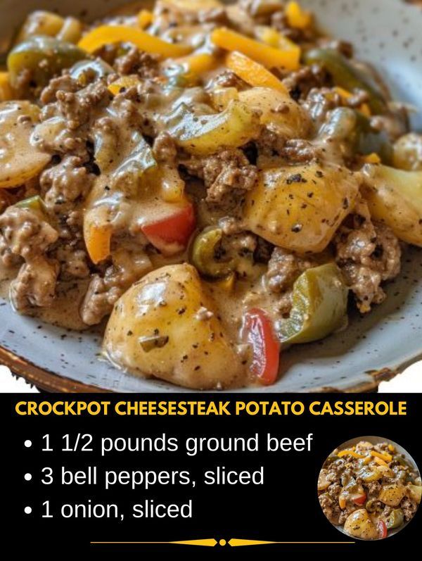 the recipe for crockpot cheesesteak potato casserole is shown above