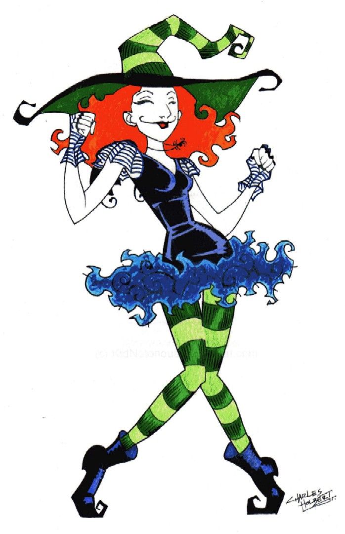 a drawing of a woman with red hair wearing a green and blue striped hat, holding a