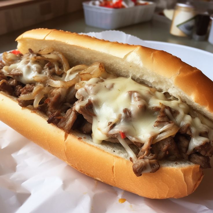 a sandwich with meat, cheese and sauce on it sitting on a white paper plate