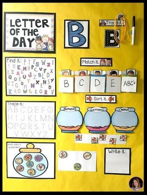 a bulletin board with letters, numbers and pictures hanging on it's yellow wall