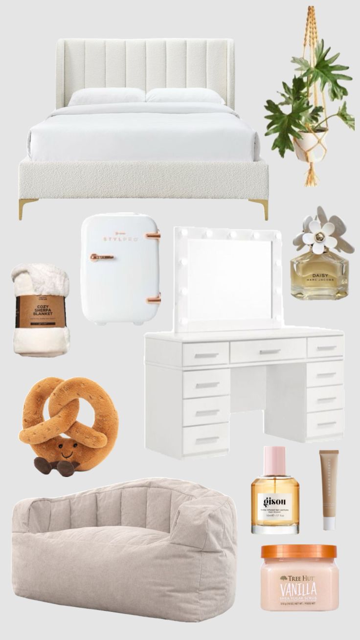 a bedroom with white furniture and accessories