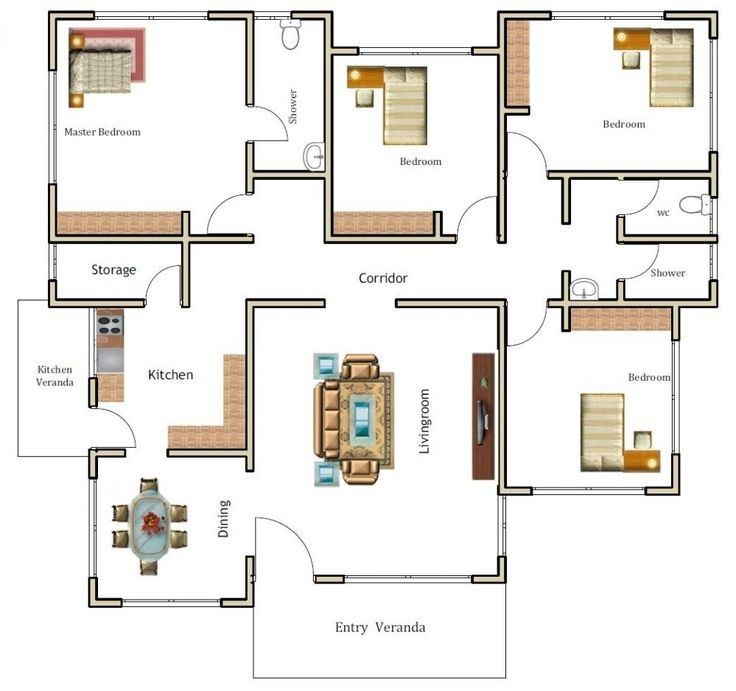 the floor plan for a three bedroom apartment with an attached kitchen, living room and dining area