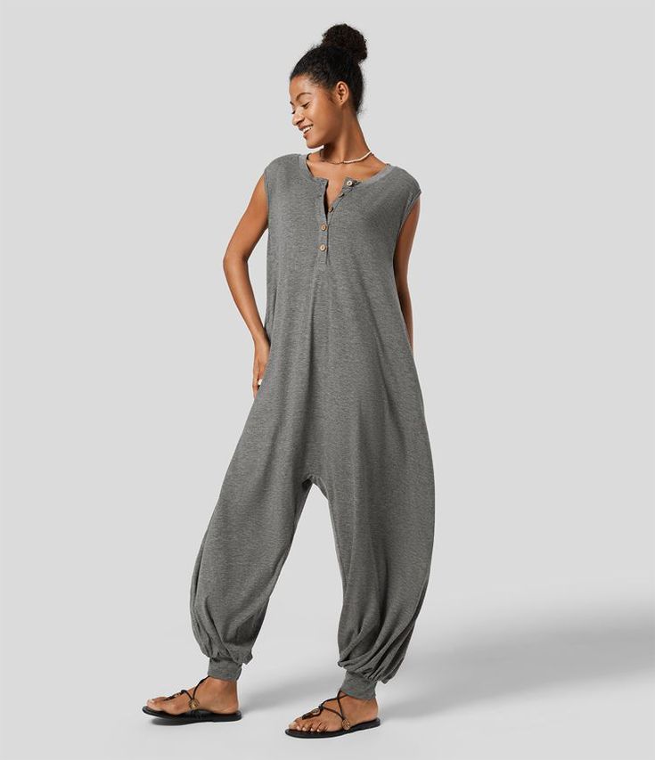 Henley Neck Sleeveless Side Pocket Relax Resort Harem Jumpsuit Loose Knitting, Womens Henley, Harem Jumpsuits, Women's Henley, Bleach Wash, Grey Floral, Side Pocket, Round Collar, Jumpsuits For Women