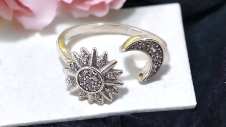 . Celestial Silver Crescent Crystal Ring, Silver Crescent Crystal Ring In Celestial Style, Silver Anniversary Rings With Sun And Moon Design, Silver Celestial Open Ring, Celestial Silver Rings Stamped 925, Silver Moon Ring With Sun And Moon Design, Pandora Ring, Pandora Rings, Sun Moon