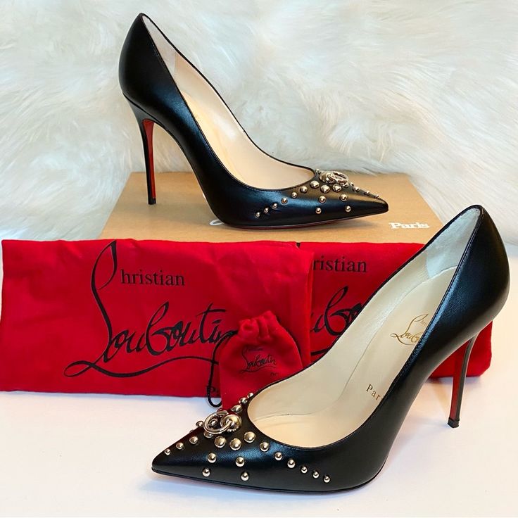 Authentic Christian Louboutin Door Knock 100 Black Leather Studded Heels Are A Sure Showstopper. They Are Brand New, Have Never Been Worn, Are Retired, In Perfect Condition And Come With The Original Box, Dust Bags, And Replacement Heel Tips. Description : Kidskin Pump With Silvertone Hardware. 5" Covered Heel. Studded Pointed Toe With Door-Knocker Ring Detail. Leather Lining And Padded Insole. Christian Louboutin Signature Red Leather Sole. Made In Italy Retail For $945 Calf Leather Pointed Toe Court Shoes For Party, Elegant Pointed Toe Heels With Silver Studs, Party Court Shoes With Leather Sole And Calf Leather, Elegant Black Heels With Silver Studs, Elegant High Heels With Silver Studs, Formal Round Toe Heels With Silver Studs, Formal Heels With Silver Studs And Round Toe, Formal Silver-studded Round Toe Heels, Elegant Heels With Silver Studs