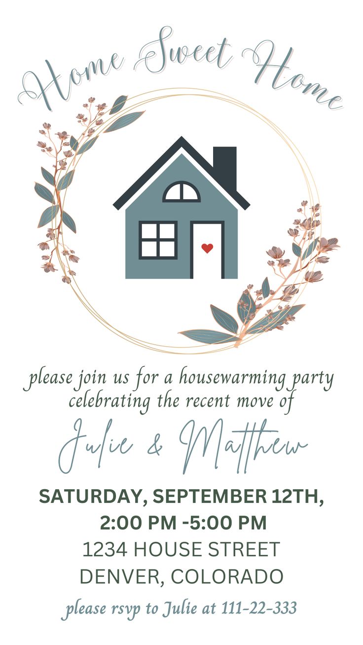 a flyer for a home sweet home party with a house in the middle and leaves around it