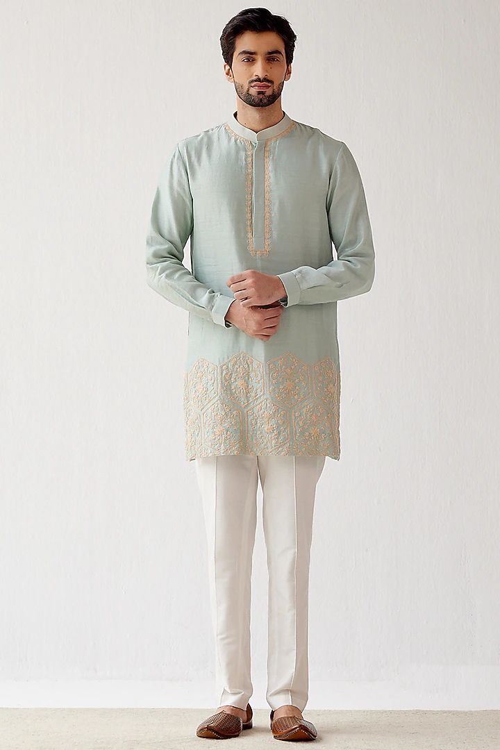 Groomsmen Indian, Sage Green Groomsmen, Green Groomsmen, Indian Wedding Suits Men, Indian Wedding Clothes For Men, Dori Embroidery, Stylish Men Wear, Mens Kurta Designs, Short Kurta