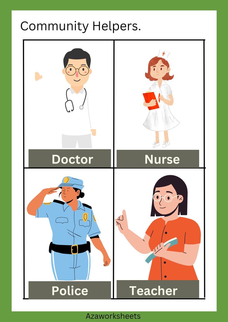 an image of people in different professionss with the words community helpers doctor nurse and police