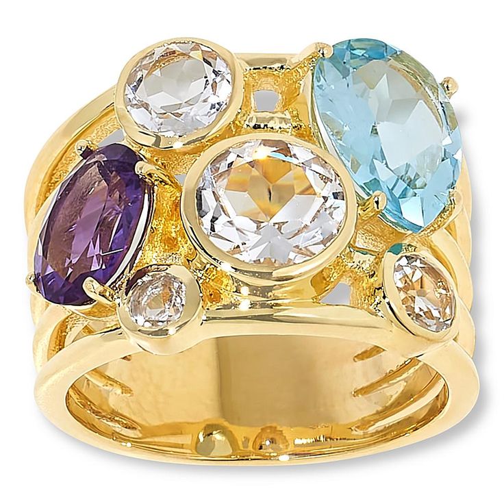 Elevate your style with the Rarities Gold-Plated Multigemstone Cigar Band Ring. This exquisite piece combines the allure of semi-precious stones with the elegance of gold plating for a truly sophisticated look.

- **Size:** 6
- **Color:** Gold
- **Material:** 22-24K yellow gold plating
- **Gender:** Female
- **Stones:** Purple amethyst, blue topaz, white topaz
- **Dimensions:** Approx. 5/8"L x 3/4"W x 3/16"H; shank 5/16"W
- **Total Carat Weight:** 5.1ct

Featuring an abstract design of purple am Gold Gemstones Ring With Gemstone Accents, Elegant Multicolor Multi-stone Birthstone Ring, Gold Multi-stone Gemstones In Fine Jewelry Style, Gold Multi-stone Fine Jewelry Gemstones, Elegant Multicolor Amethyst Gemstone Ring, Elegant Multicolor Amethyst Ring With Gemstone Accents, Elegant Multicolor Amethyst Ring With Accent Stones, Yellow Gold Gemstones For Anniversary, Gold Multi-stone Topaz Ring