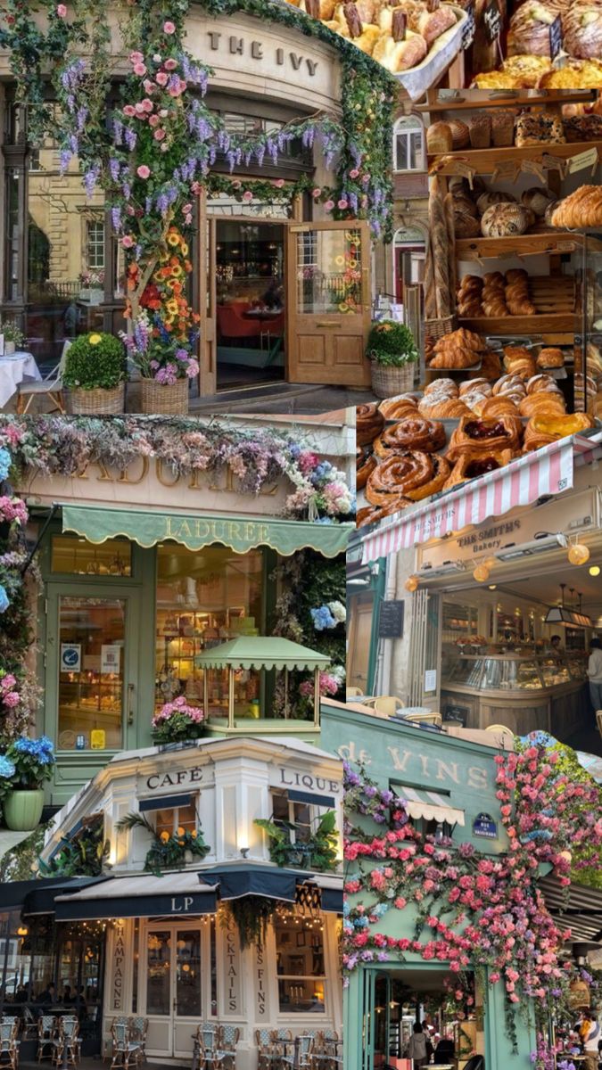 there are many pictures of different shops in the same photo, each with flowers on them