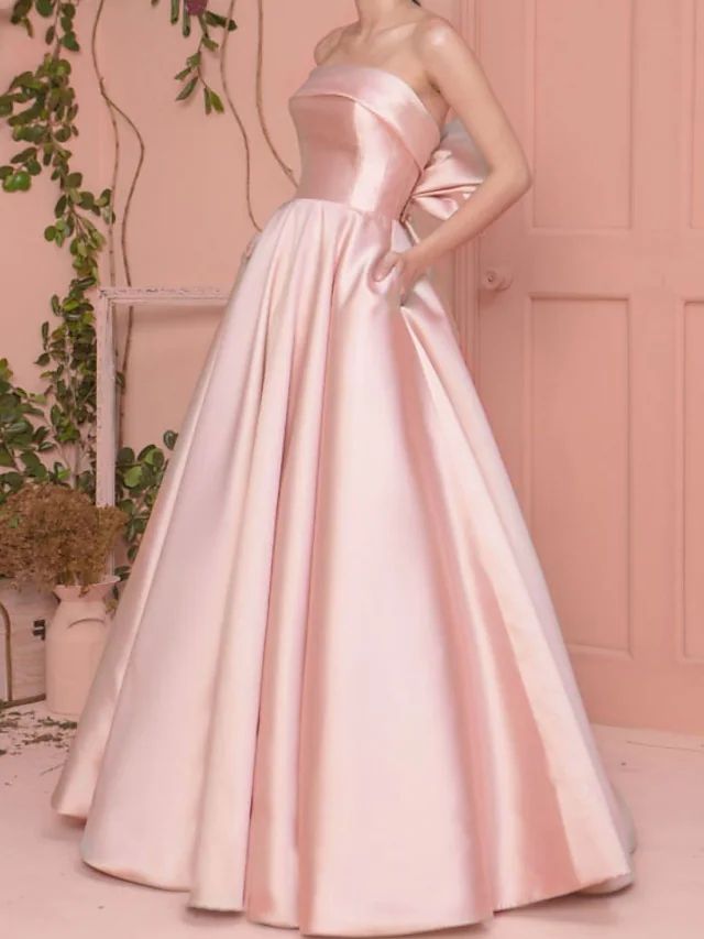 A-Line Evening Dress Minimalist Elegant Birthday Dress With Bow Engagement Strapless Sleeveless Floor Length Satin with Pleats 2023 2023 - US $129.99 Prom Dress Strapless, Cheap Prom Dresses Online, Prom Dresses Elegant, Strapless Prom Dresses, Prom Dresses With Pockets, Prom Inspo, Evening Dress Floor Length, Minimalist Dresses, Dress Wedding Guest