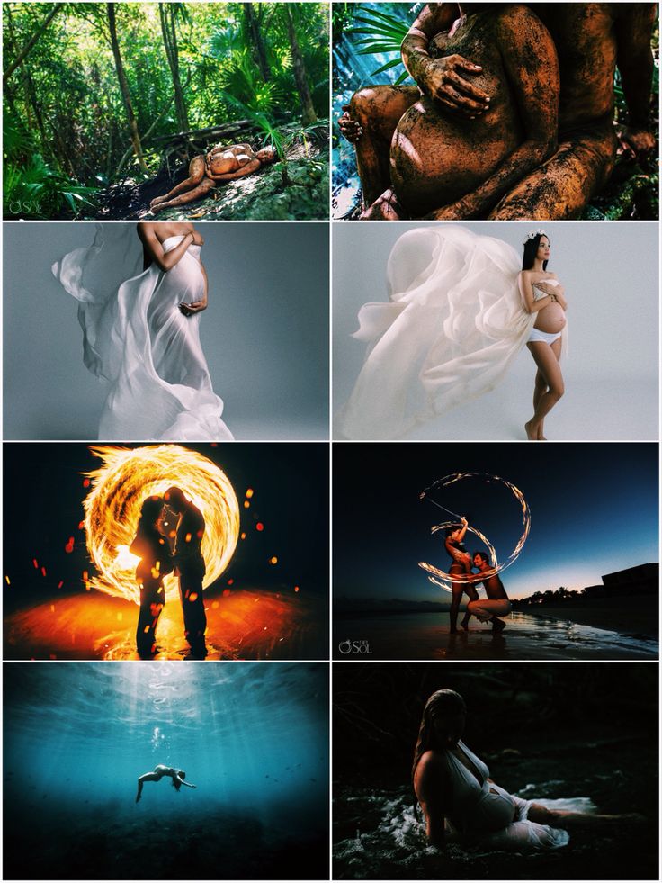 multiple images of people and animals in the water, with one person holding a fire ring