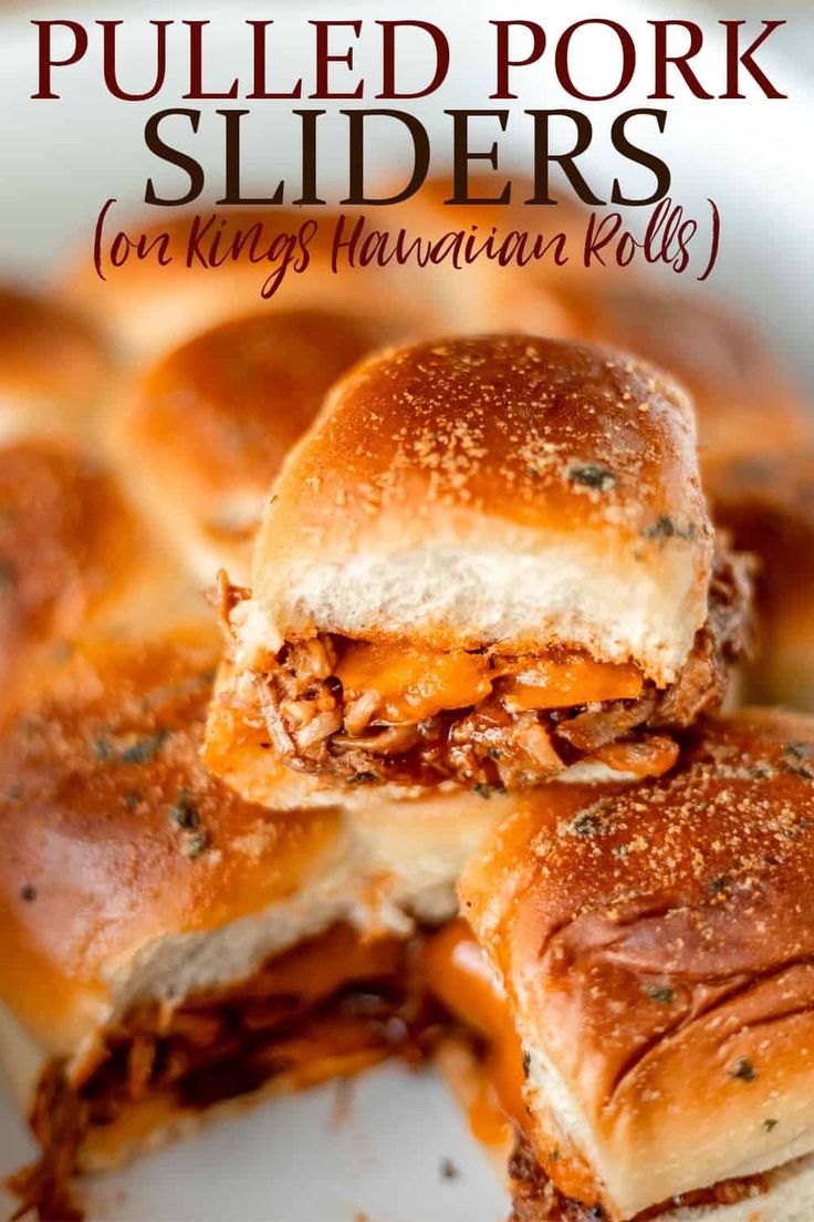 pulled pork sliders on a plate with text overlay