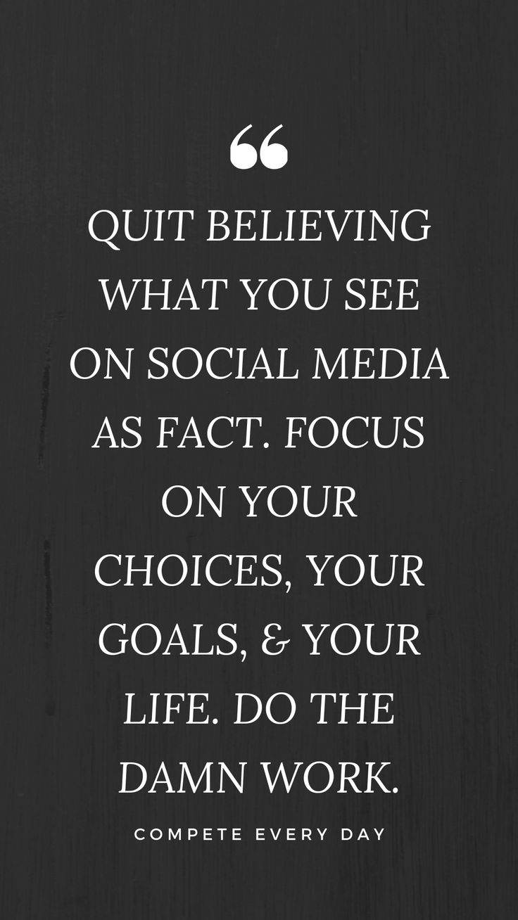 a black and white photo with the quote quit believing what you see on social media as fact focus on your choices, your goals