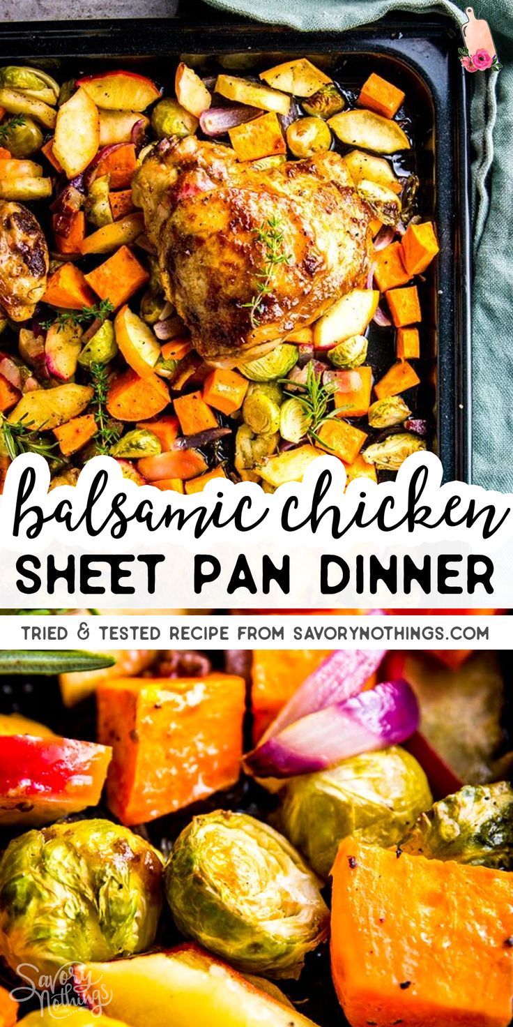 a pan filled with chicken, sweet potatoes and brussels sprouts