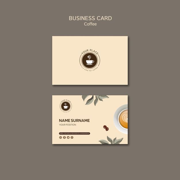 a coffee shop business card with a cup of coffee and leaves on the front, and bottom