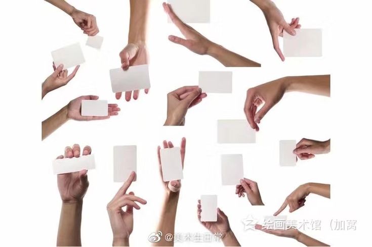 many hands are holding cards in different positions and shapes, with the words on them