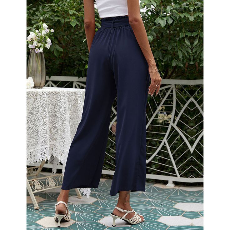 Navy Blue High Waist Cropped Pants with Tie Casual Navy Bottoms For Spring, Navy High Waist Casual Pants, Navy Casual High-waisted Wide Leg Pants, Casual High Waist Navy Pants, Spring Navy Pants With Elastic Waistband, Blue High-waisted Wide Leg Pants For Day Out, Navy Straight Leg Bottoms For Summer, Blue Solid Color Wide-leg Pants, Chic Blue Ankle Pants For Day Out