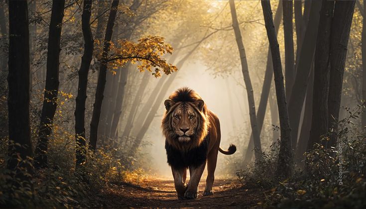 a lion walking down a path in the middle of a forest with trees and leaves