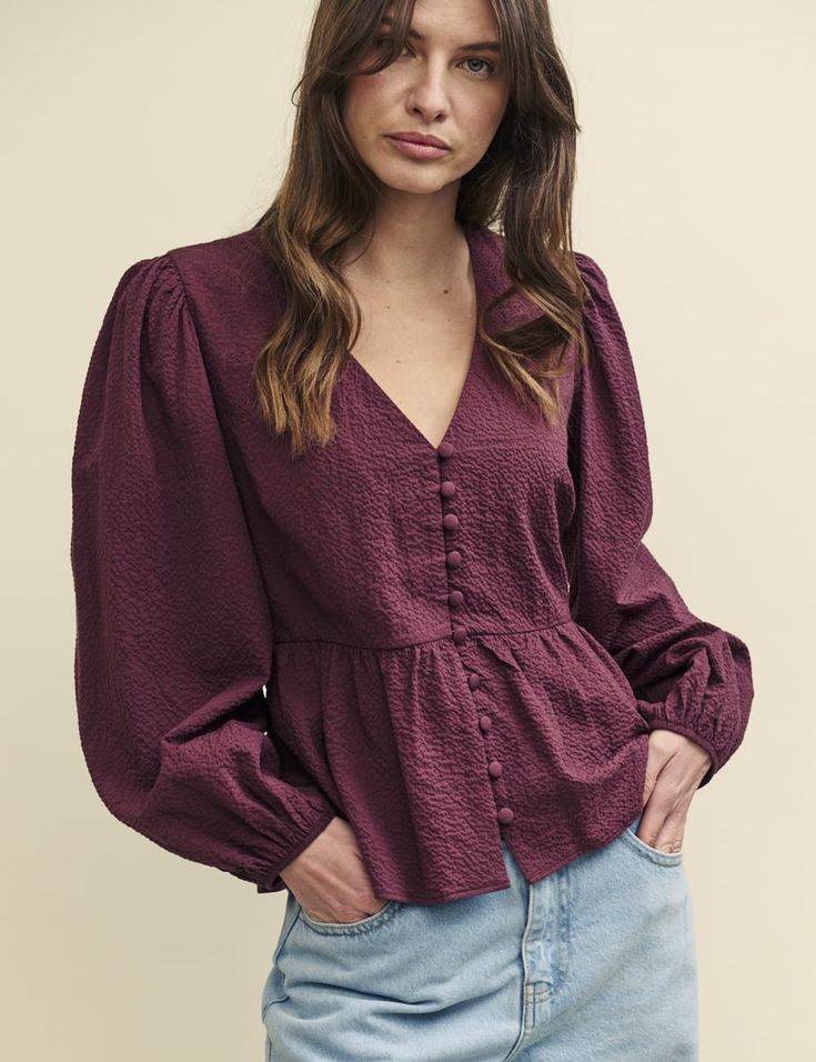 Plum Balloon Sleeve Ria Blouse | Nobody's Child Plum Outfit, Tailored Tops, Fearne Cotton, Dressing Sense, Iconic Dresses, Purple Blouse, Fits Inspo, Date Night Dresses, Fall Fits