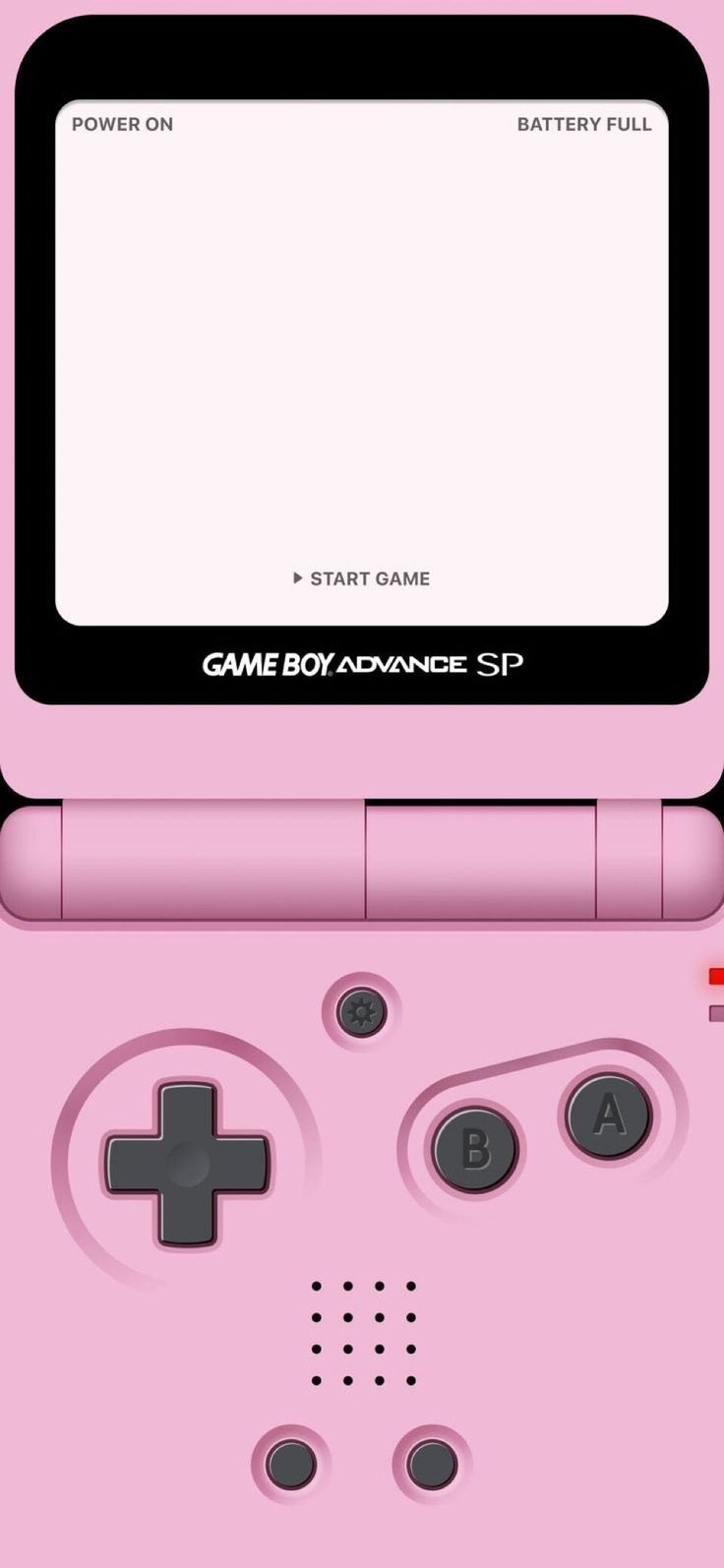 a pink nintendo game boy advance is shown in front of a white screen and black buttons