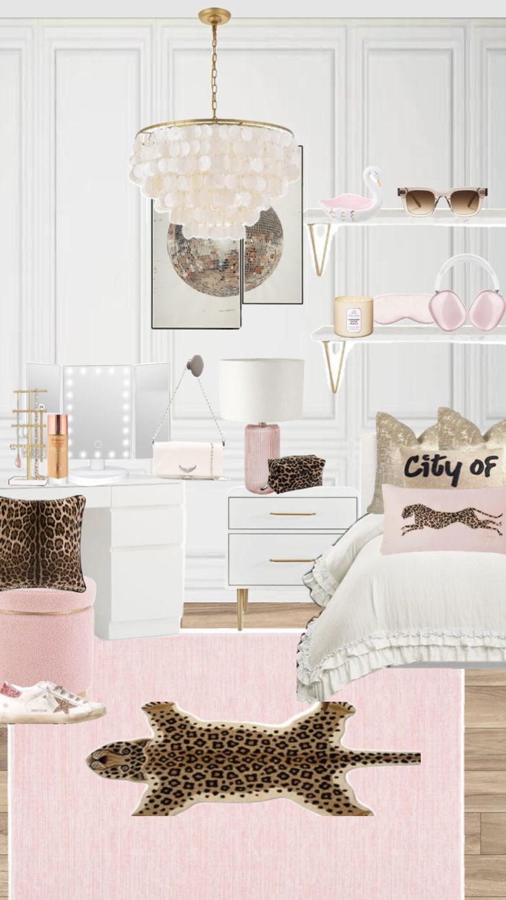 the bedroom is decorated in pink, white and gold colors with leopard print on the bedding