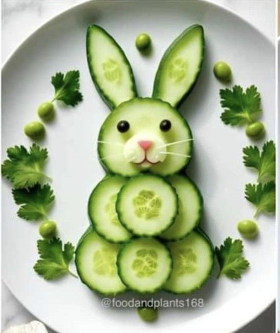 a plate topped with cucumber slices and a bunny made out of cucumbers