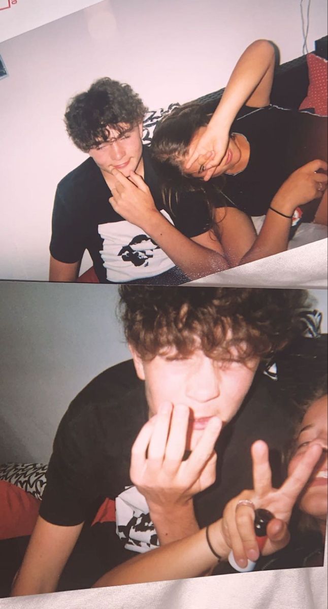 two pictures of a young man and woman making the middle finger sign with their fingers