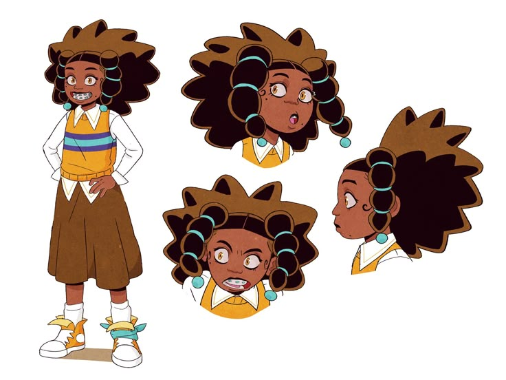 an animation character with different facial expressions and hair styles, including afros in various poses