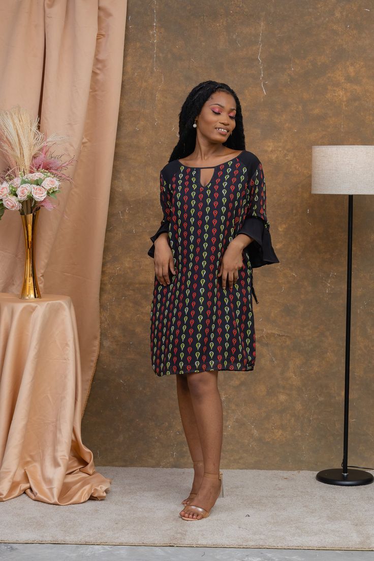 Ankara Chiffon Dress Ankara Print, Keyhole Neckline, African Print Fashion, Bell Sleeve Dress, Beautiful Dress, A Dress, African Print, Bell Sleeve, Chiffon Dress