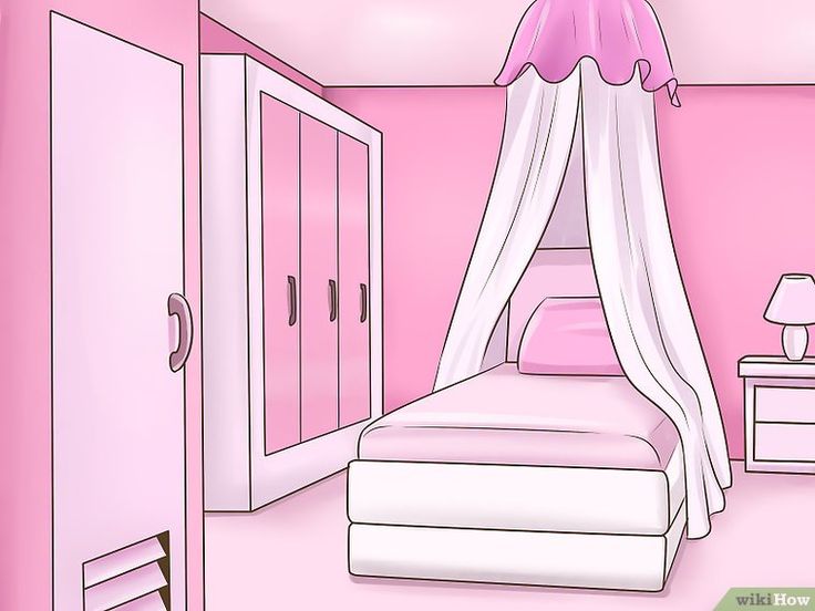 a bedroom with pink walls and white furniture