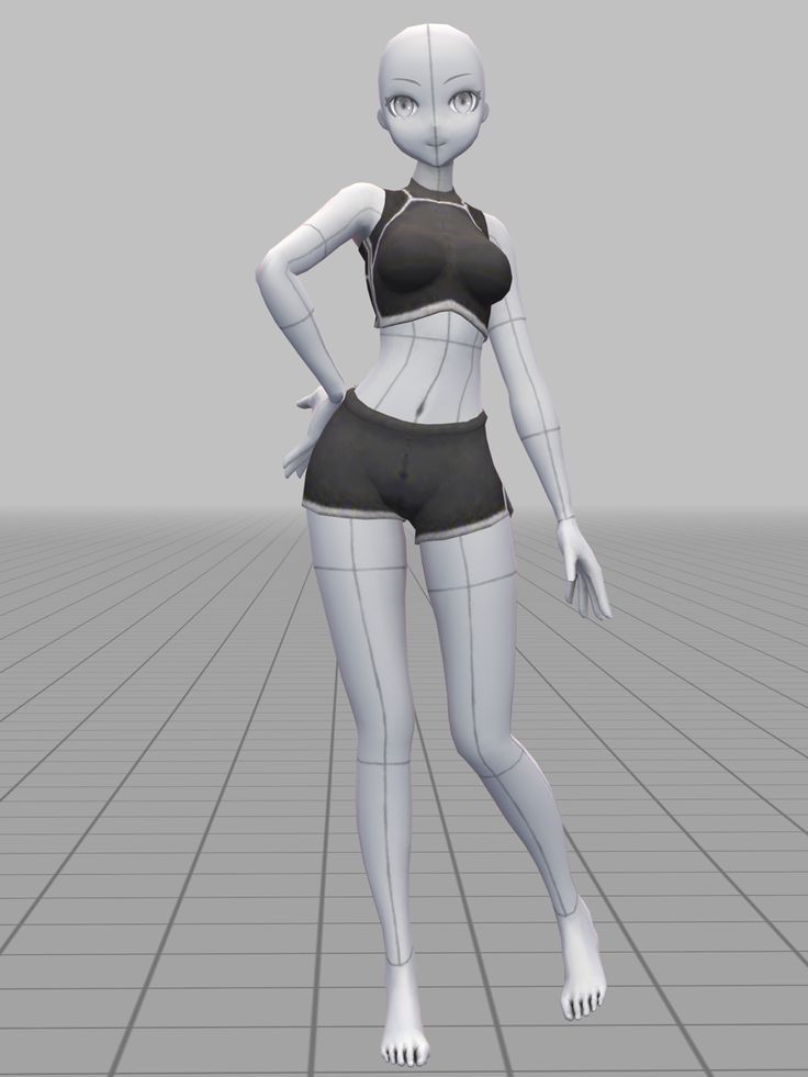 an animation character is standing in front of a gray and white background, with her hands on her hips