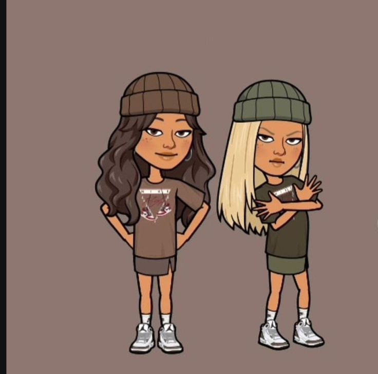 two cartoon girls standing next to each other with their arms crossed and one is wearing a beanie